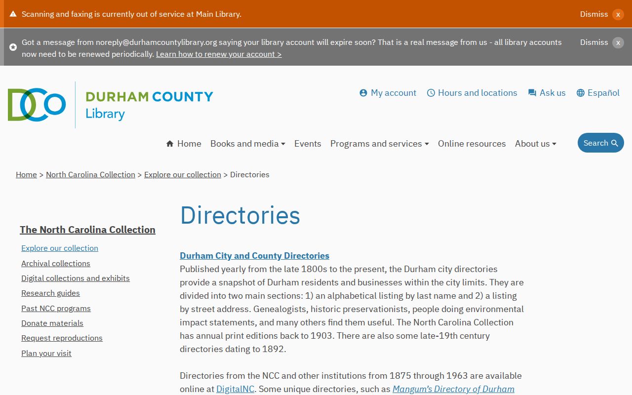 Durham city directory collections page showing historical directory access