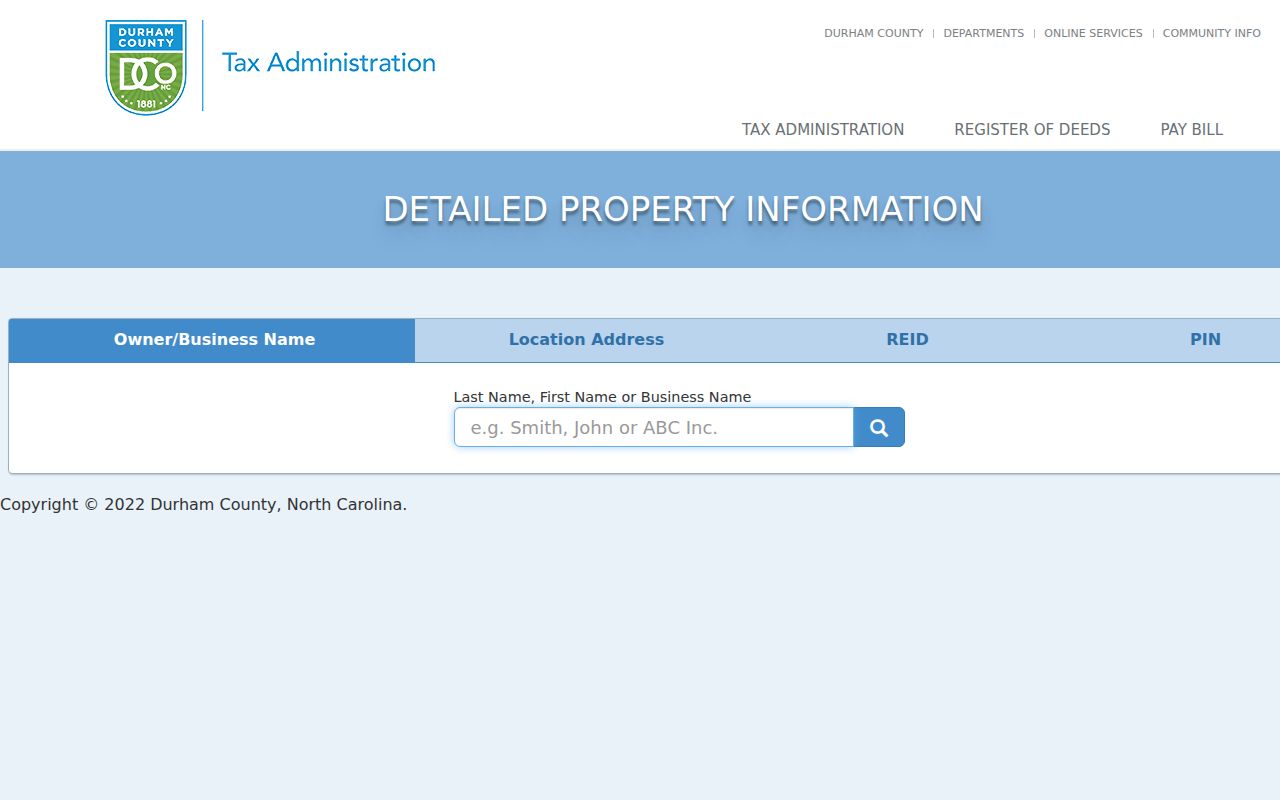 Durham residents directory property search tabs for owner street REID and PIN