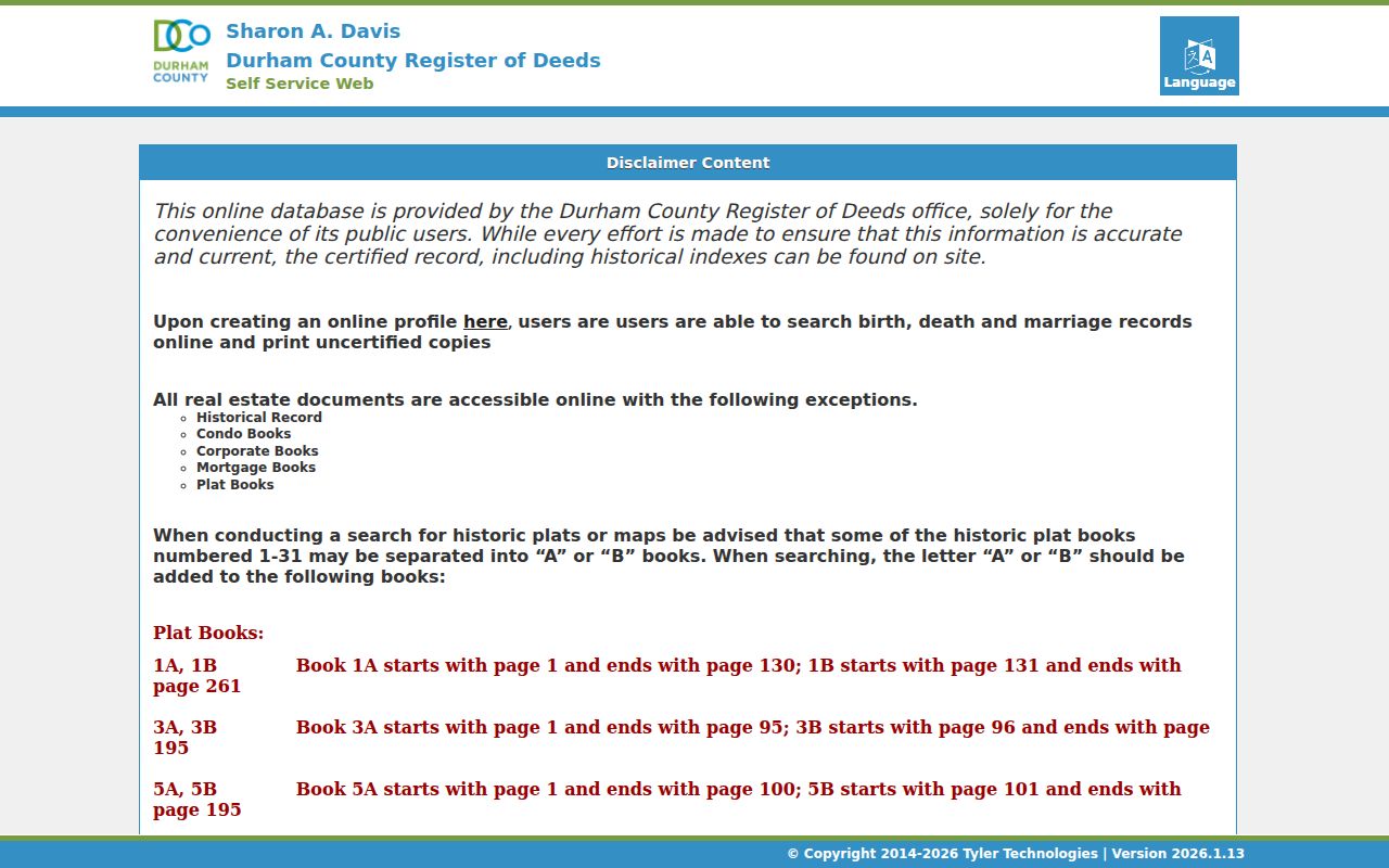 Durham residents directory Register of Deeds index disclaimer and historical book limits